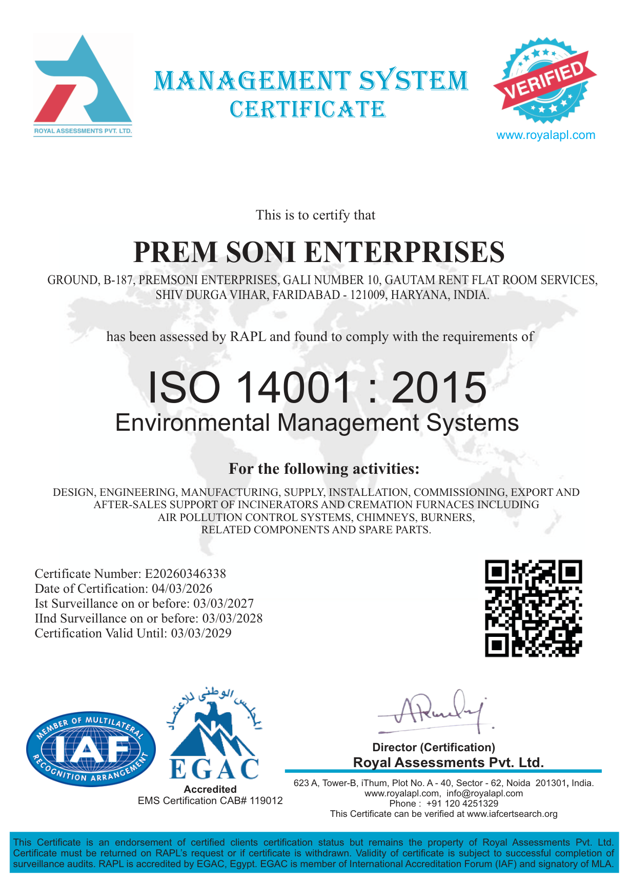 PS Enterprises ISO 14001:2015 Environmental Management Systems certificate