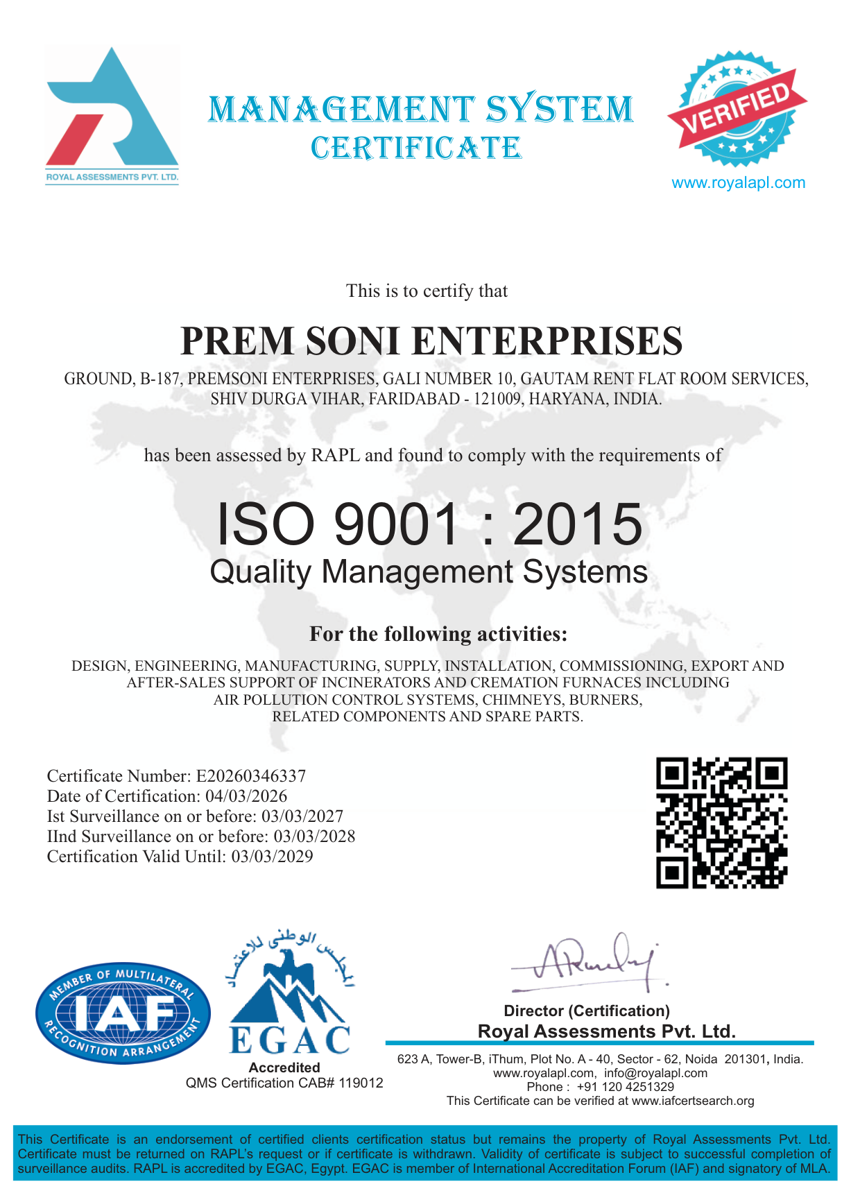 PS Enterprises ISO 9001:2015 Quality Management Systems certificate